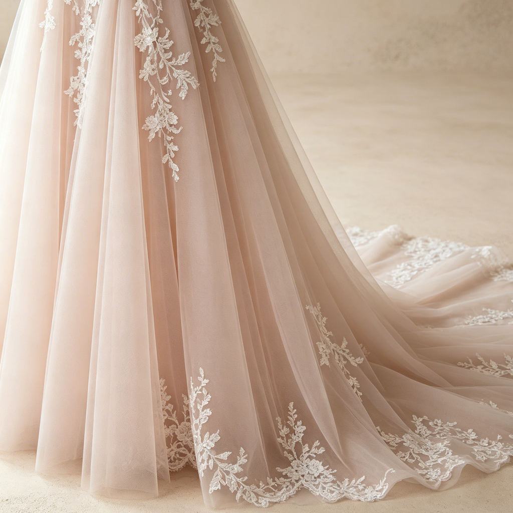 Abendkleid in Champagner mit Spitzen-Applikationen und hohem Beinschlitz