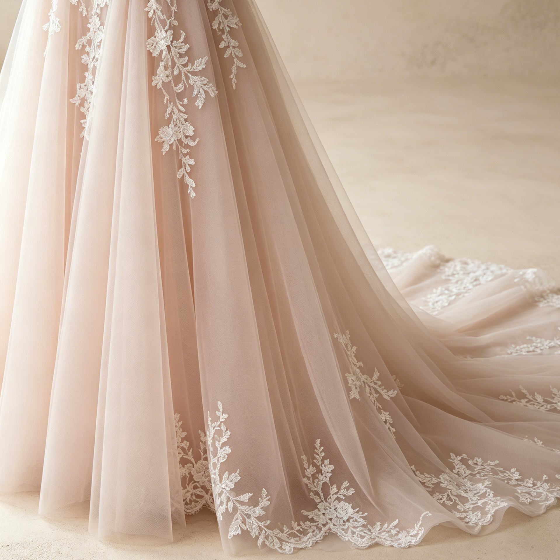Abendkleid in Champagner mit Spitzen-Applikationen und hohem Beinschlitz