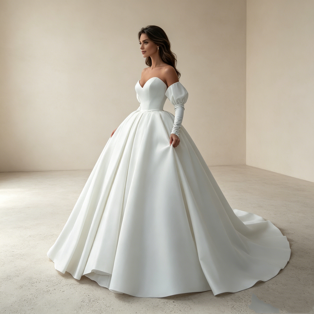 Aristokratischer Luxus: Voluminöse Satin-Ballrobe in Reinweiß mit skulpturalem Glanz und purer Eleganz