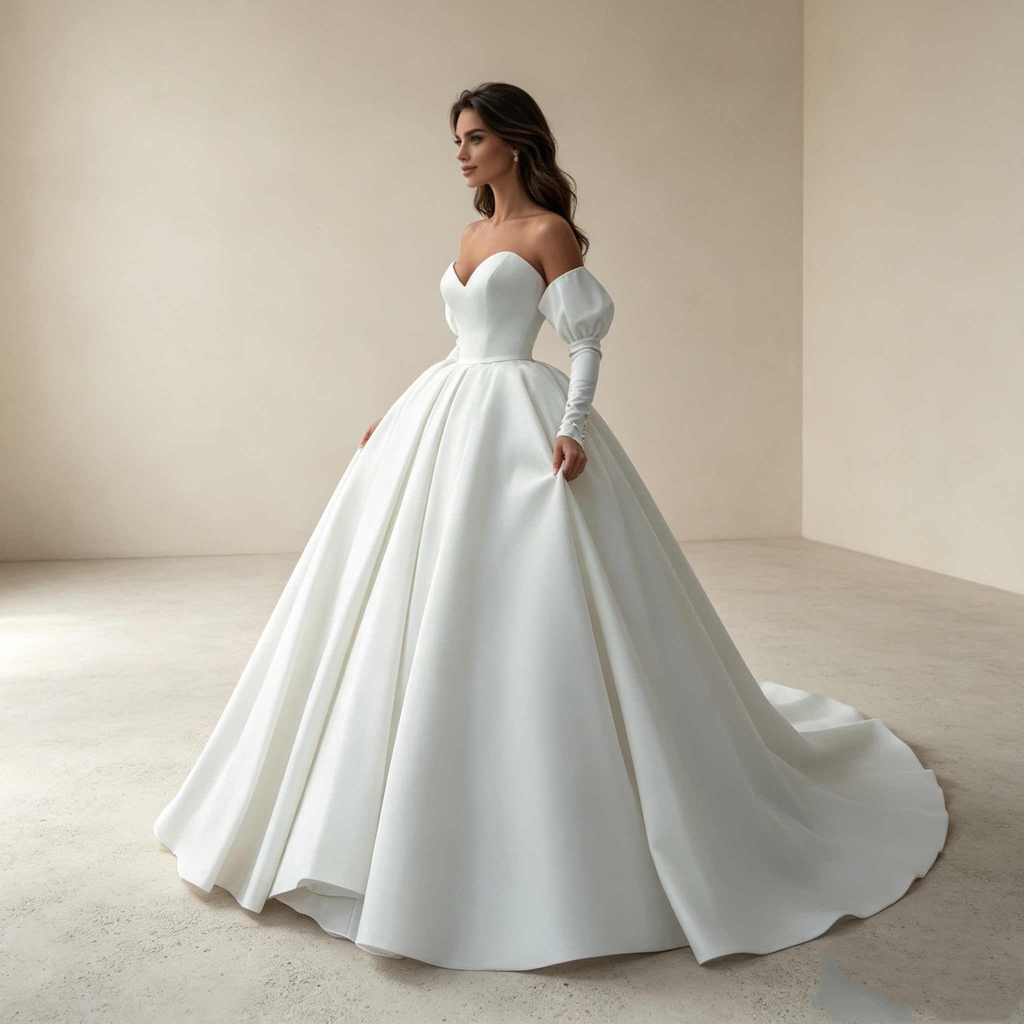 Aristokratischer Luxus: Voluminöse Satin-Ballrobe in Reinweiß mit skulpturalem Glanz und purer Eleganz
