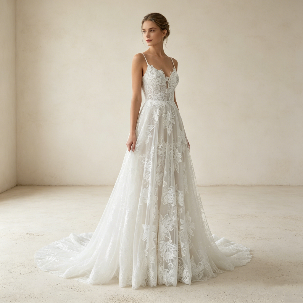 Weißer Boho-Traum: Fließendes A-Linien-Kleid mit romantischen Spitzen-Applikationen für natürliche Eleganz
