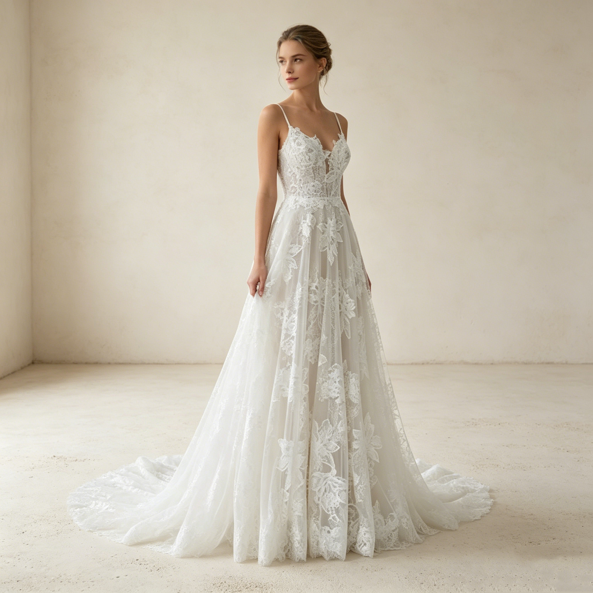 Weißer Boho-Traum: Fließendes A-Linien-Kleid mit romantischen Spitzen-Applikationen für natürliche Eleganz