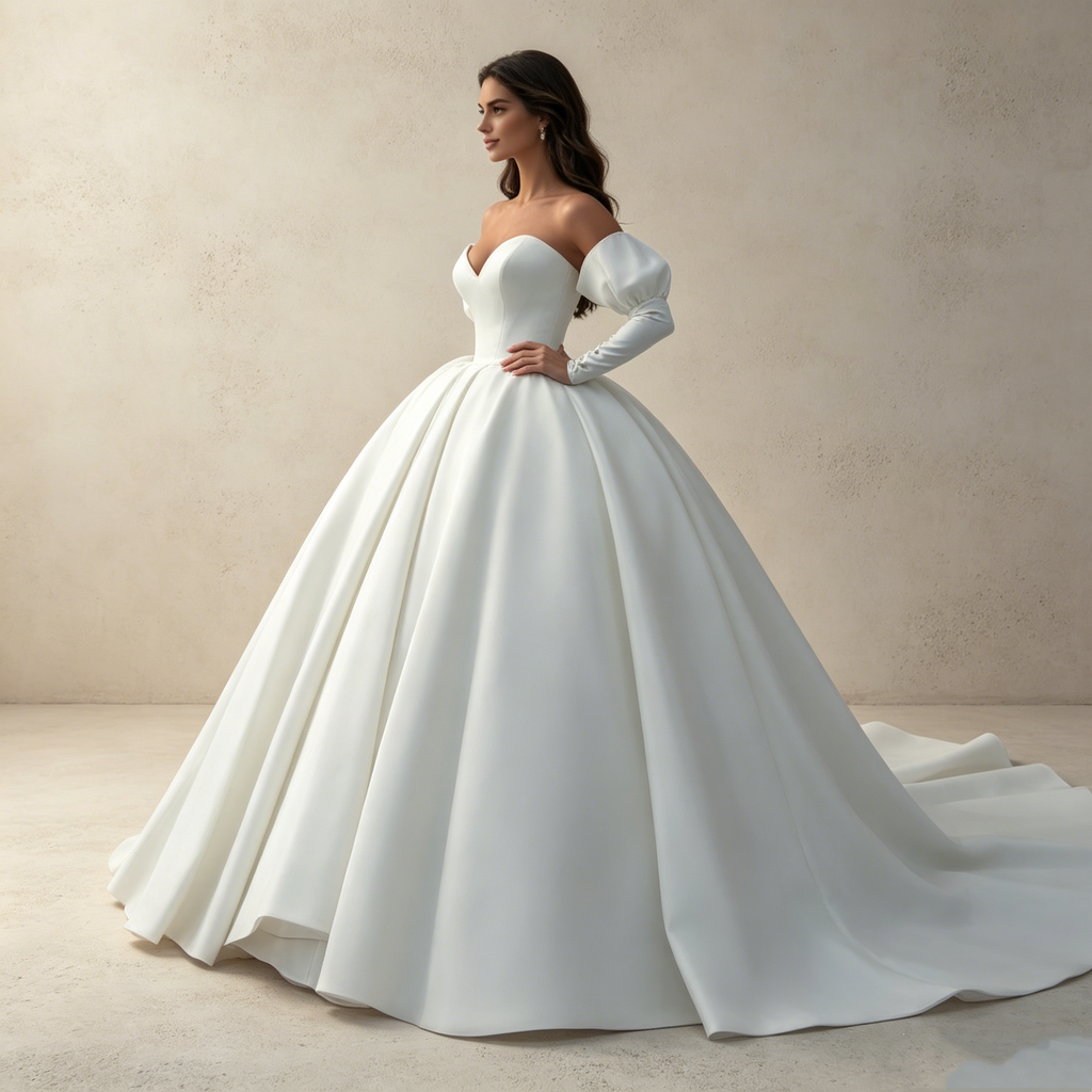 Aristokratischer Luxus: Voluminöse Satin-Ballrobe in Reinweiß mit skulpturalem Glanz und purer Eleganz