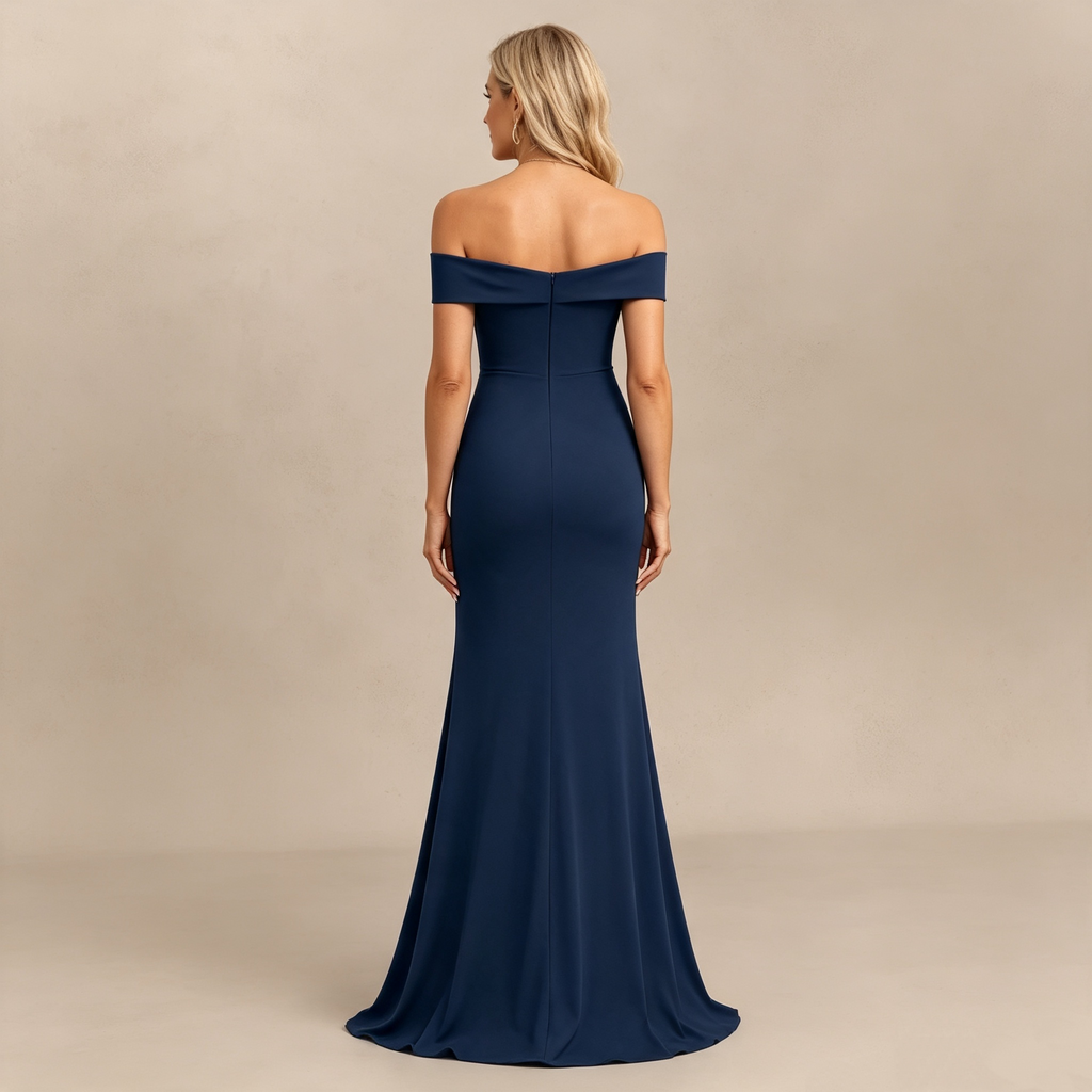 Schulterfreies Maxikleid mit Rüschen und Seitenschlitz, elegantes Festkleid für Damen