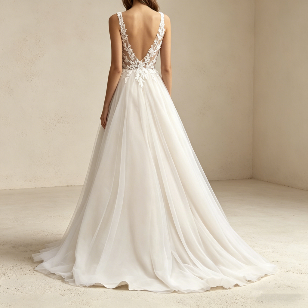 Elegantes A-Linien Abendkleid mit Spitzen-Applikationen – Bodenlanges Maxikleid mit tiefem V-Ausschnitt und Tüllrock