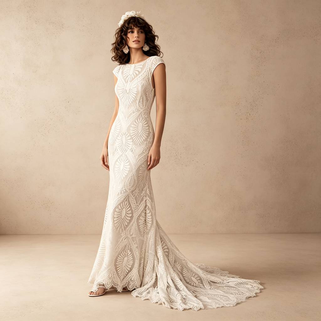 Elegantes Gala-Kleid Figurbetont mit Geometrischer Spitze und Capsleeves