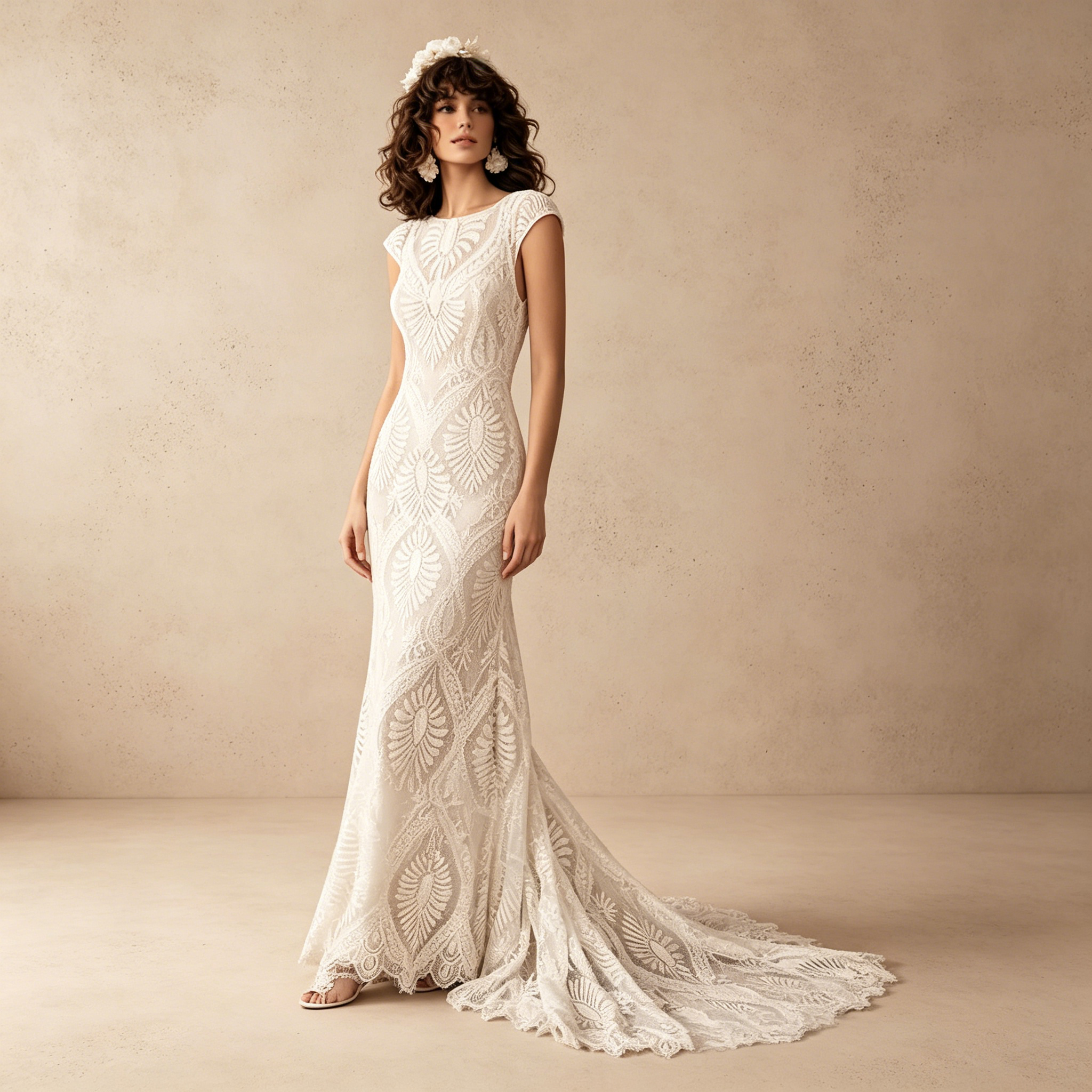Elegantes Gala-Kleid Figurbetont mit Geometrischer Spitze und Capsleeves