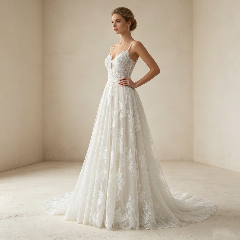 Weißer Boho-Traum: Fließendes A-Linien-Kleid mit romantischen Spitzen-Applikationen für natürliche Eleganz