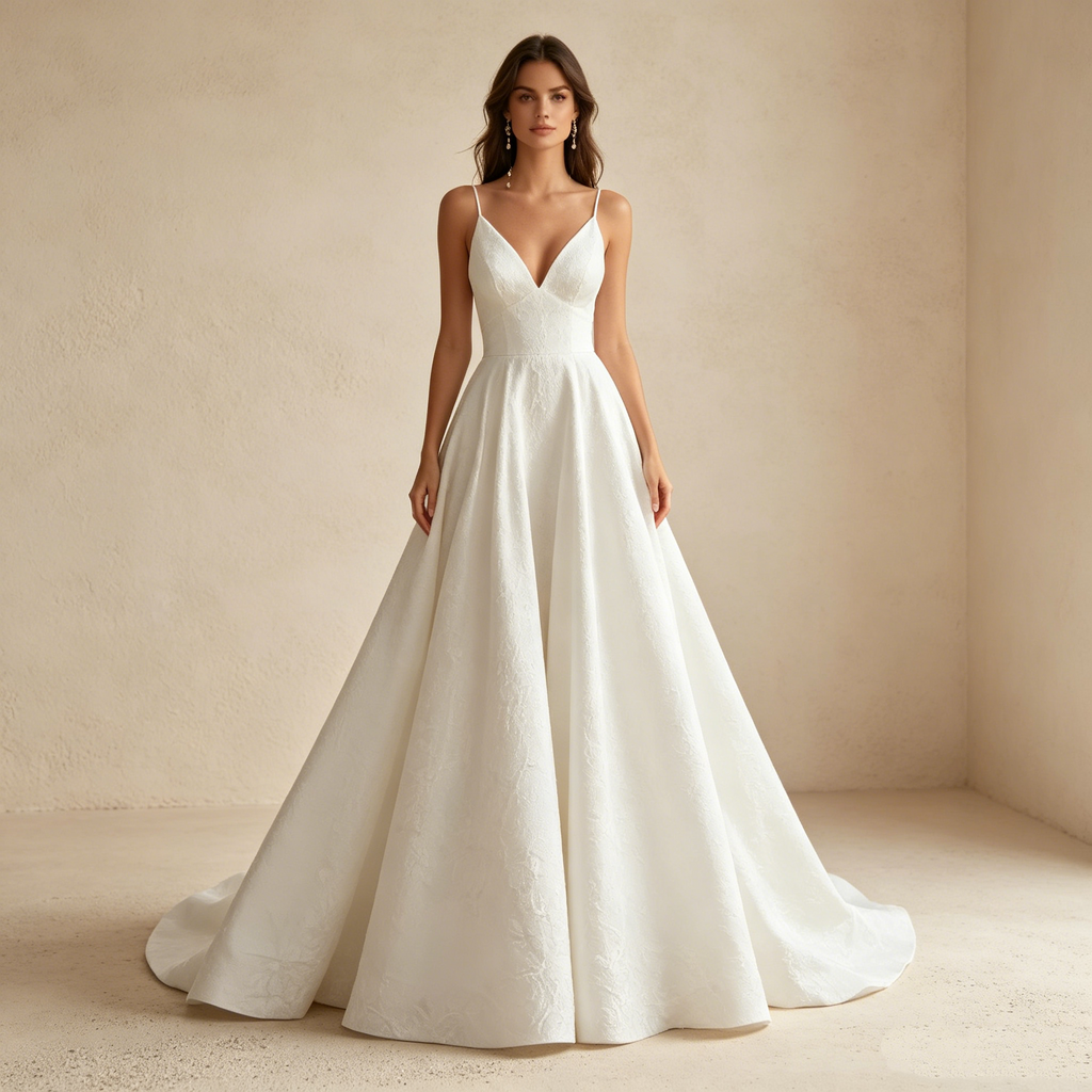 Abendkleid in Weiß mit Spaghettiträgern und V-Ausschnitt
