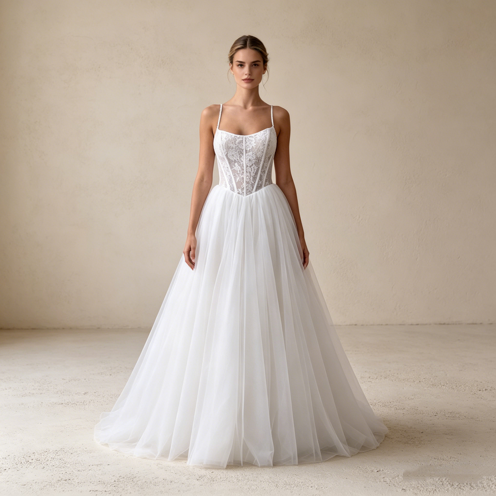 Elegantes Abendkleid mit Spaghetti-Trägern und Spitzenkorsage – Bodenlanges A-Linien Maxikleid aus Tüll in Elfenbein
