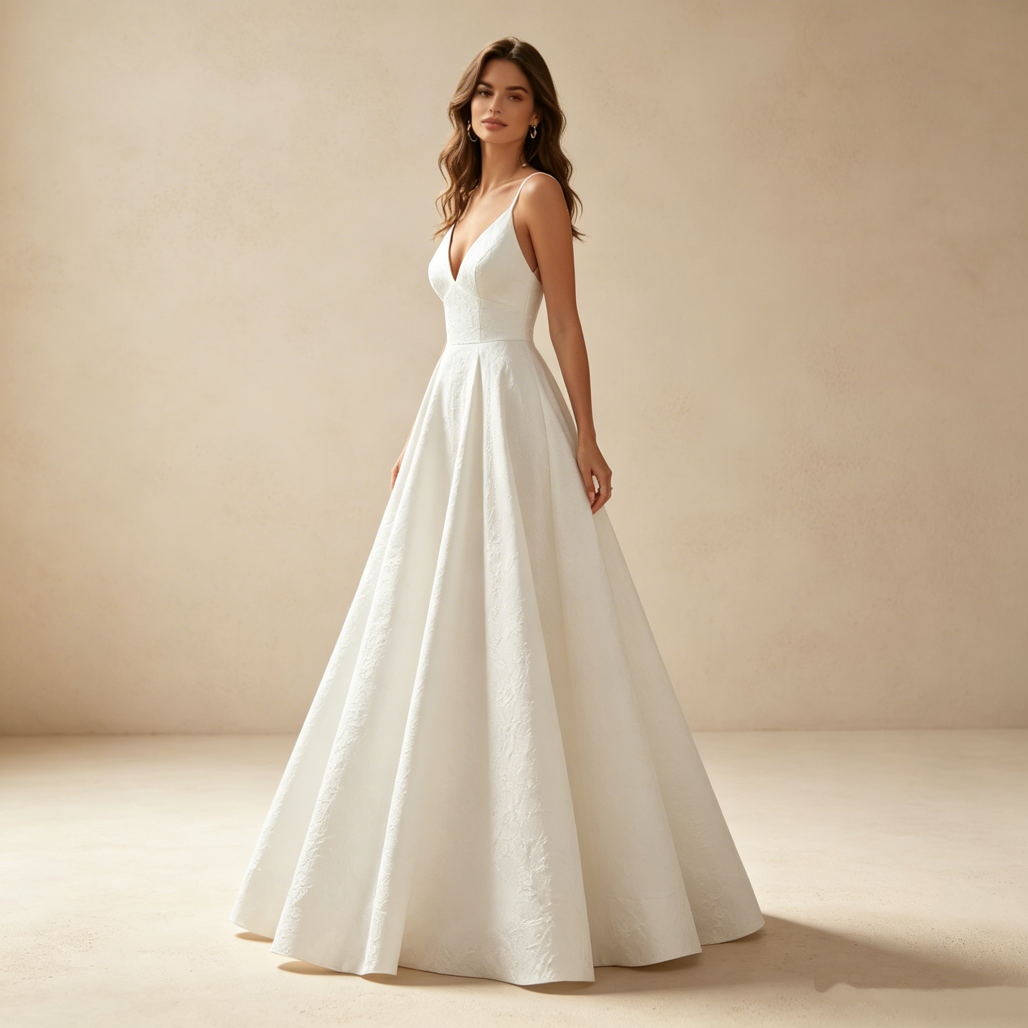 Abendkleid in Weiß mit Spaghettiträgern und V-Ausschnitt