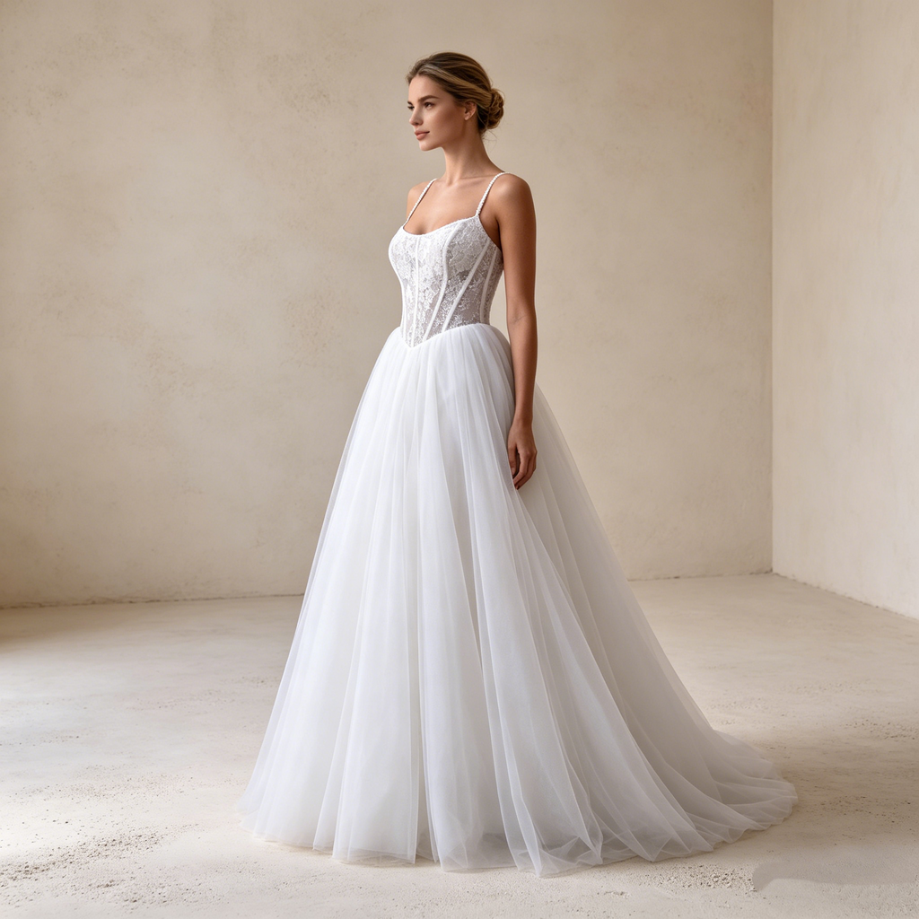 Elegantes Abendkleid mit Spaghetti-Trägern und Spitzenkorsage – Bodenlanges A-Linien Maxikleid aus Tüll in Elfenbein