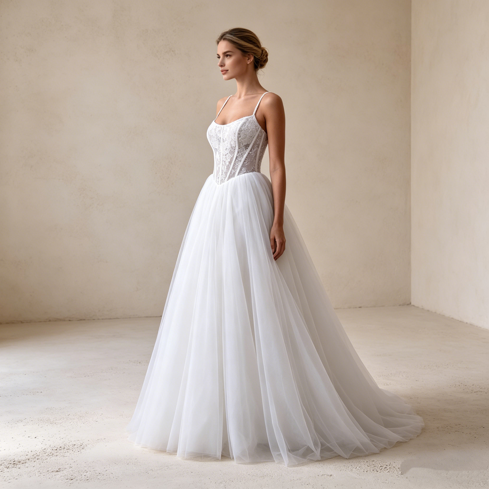 Elegantes Abendkleid mit Spaghetti-Trägern und Spitzenkorsage – Bodenlanges A-Linien Maxikleid aus Tüll in Elfenbein