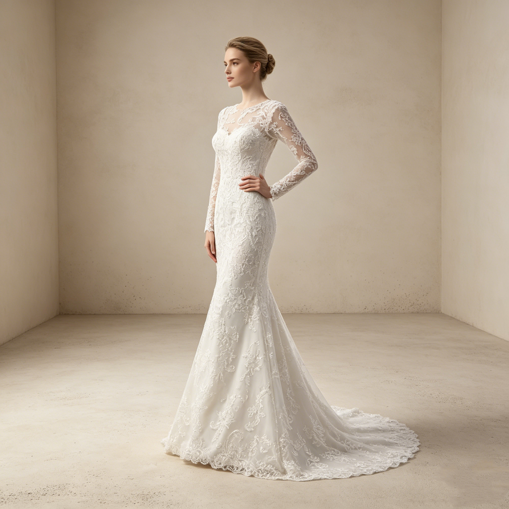 Sinnliche Illusion in Weiß: Figurbetontes Meerjungfrau-Kleid mit kunstvollen Stickereien und eleganten langen Ärmeln