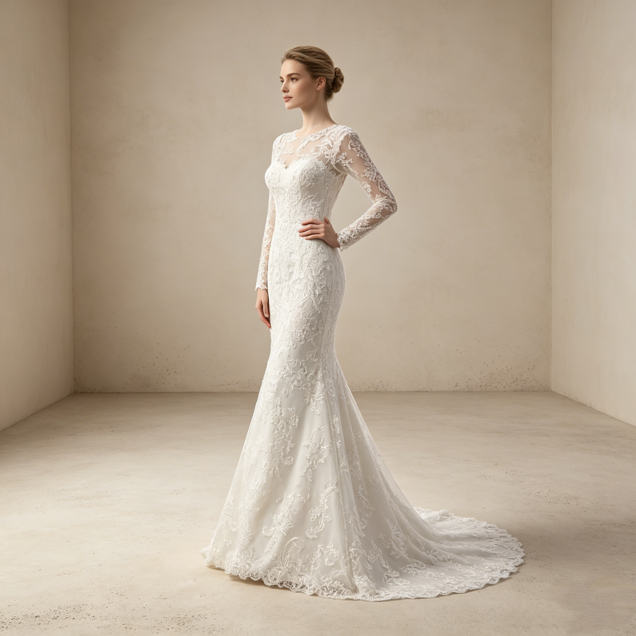 Sinnliche Illusion in Weiß: Figurbetontes Meerjungfrau-Kleid mit kunstvollen Stickereien und eleganten langen Ärmeln