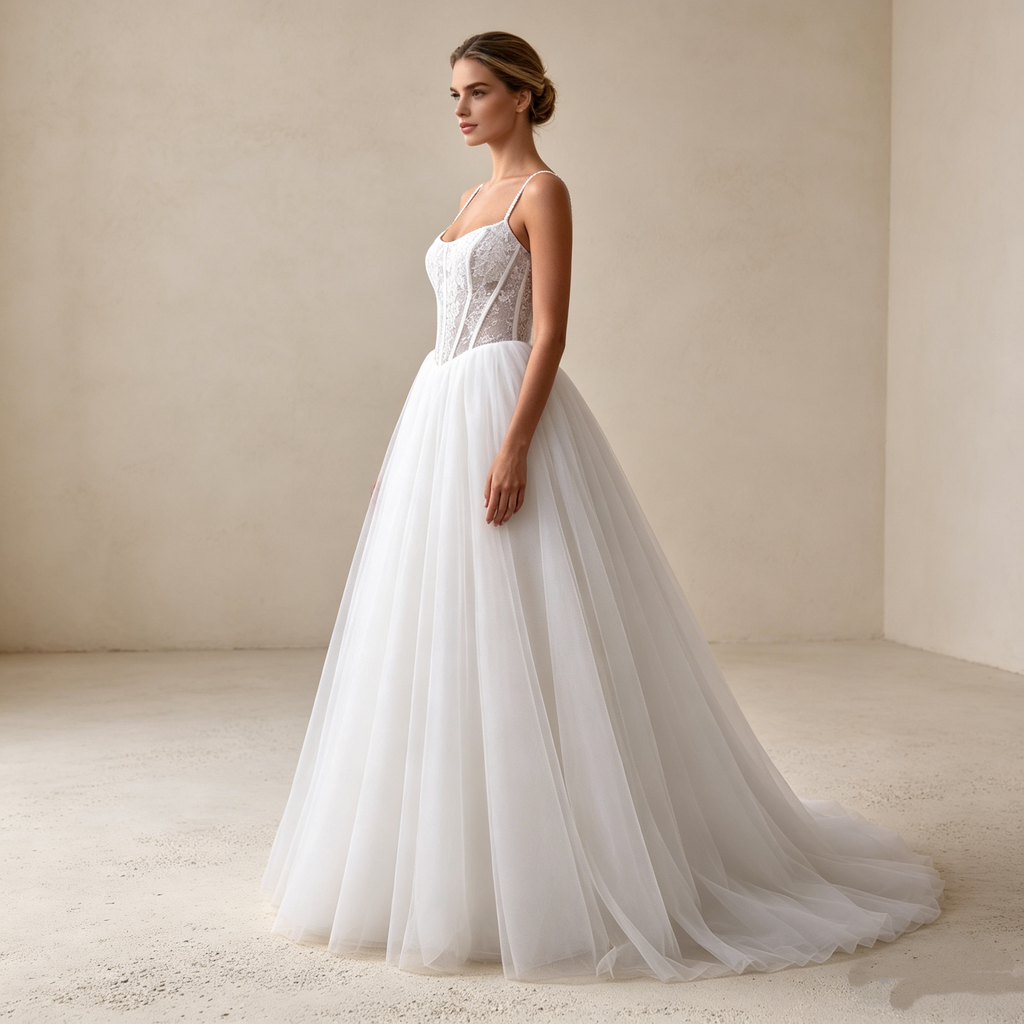 Elegantes Abendkleid mit Spaghetti-Trägern und Spitzenkorsage – Bodenlanges A-Linien Maxikleid aus Tüll in Elfenbein