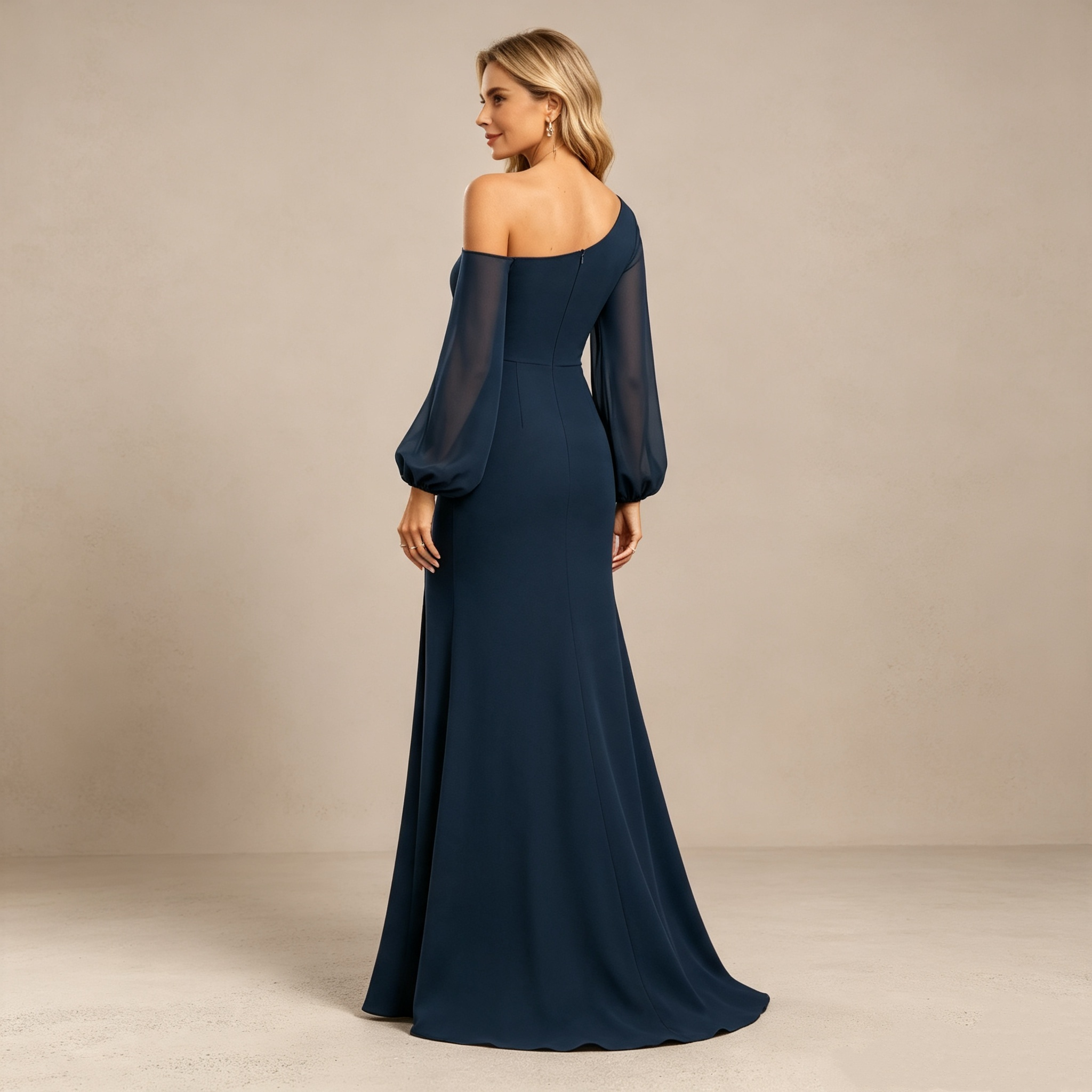 Ein-Schulter-Maxikleid mit Ballonärmeln und Seitenschlitz, elegantes Festkleid für Damen