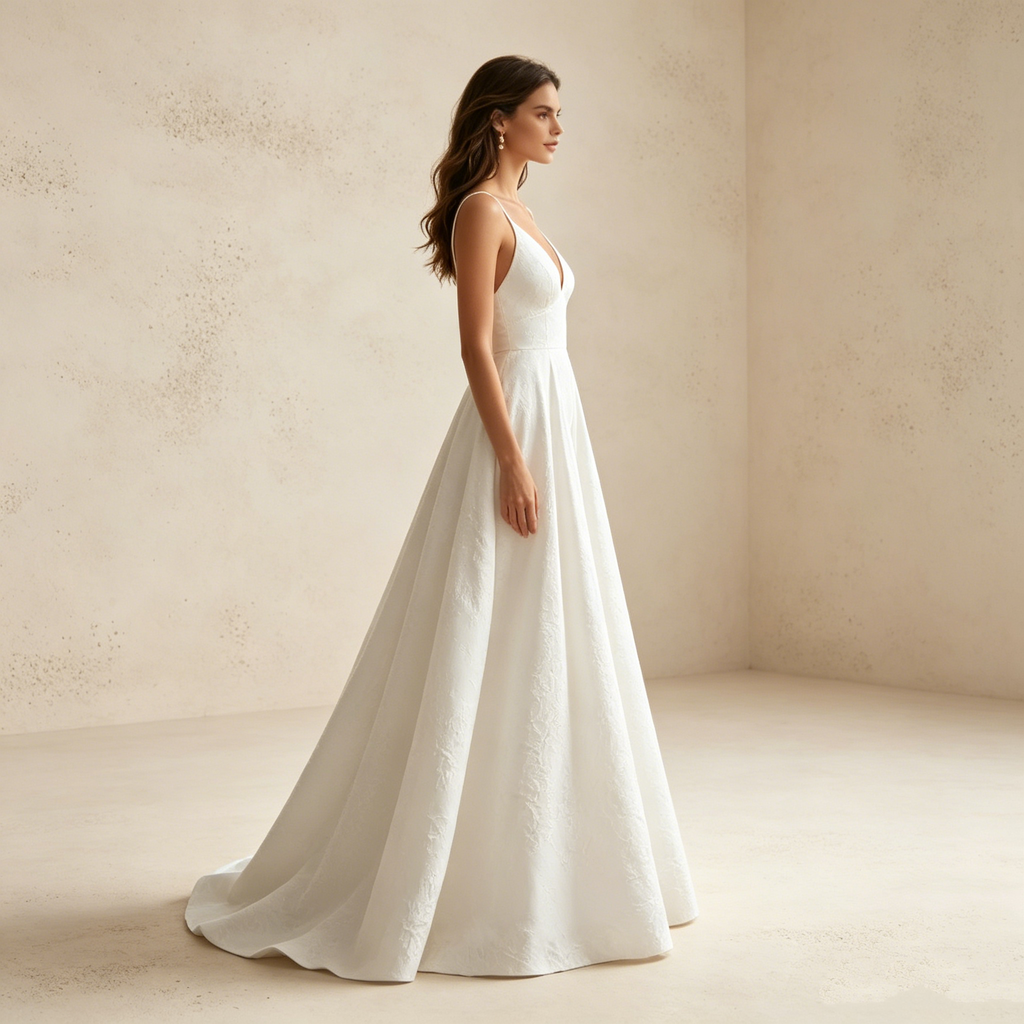 Abendkleid in Weiß mit Spaghettiträgern und V-Ausschnitt