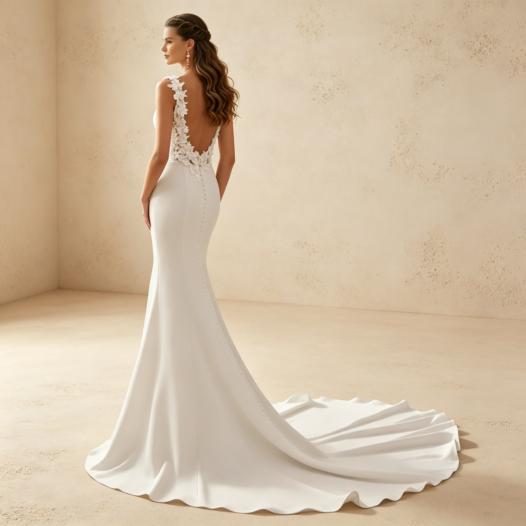 Elegantes Maxikleid in Weiß – Figurbetontes langes Abendkleid mit Schleppe und Spitzen-Trägern