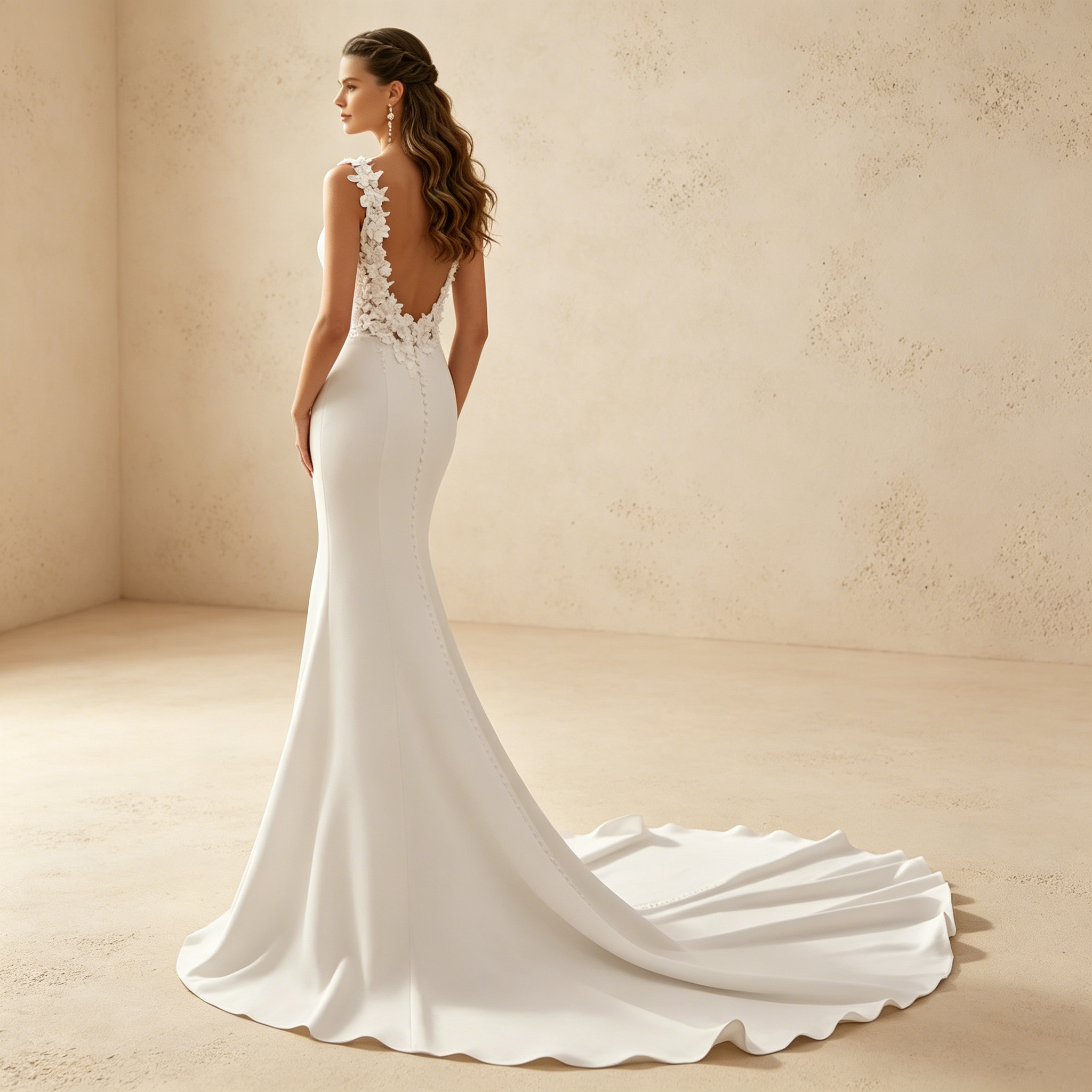 Elegantes Maxikleid in Weiß – Figurbetontes langes Abendkleid mit Schleppe und Spitzen-Trägern