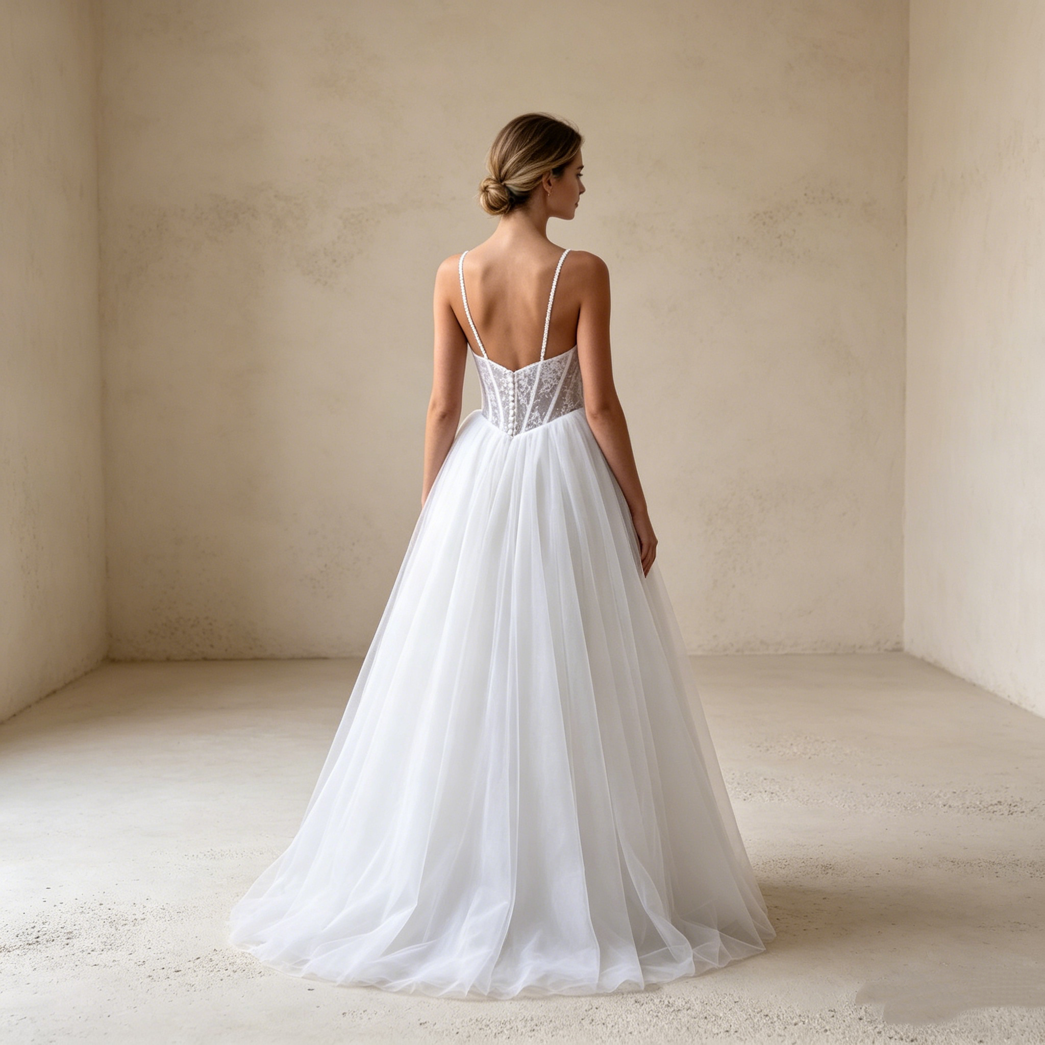 Elegantes Abendkleid mit Spaghetti-Trägern und Spitzenkorsage – Bodenlanges A-Linien Maxikleid aus Tüll in Elfenbein