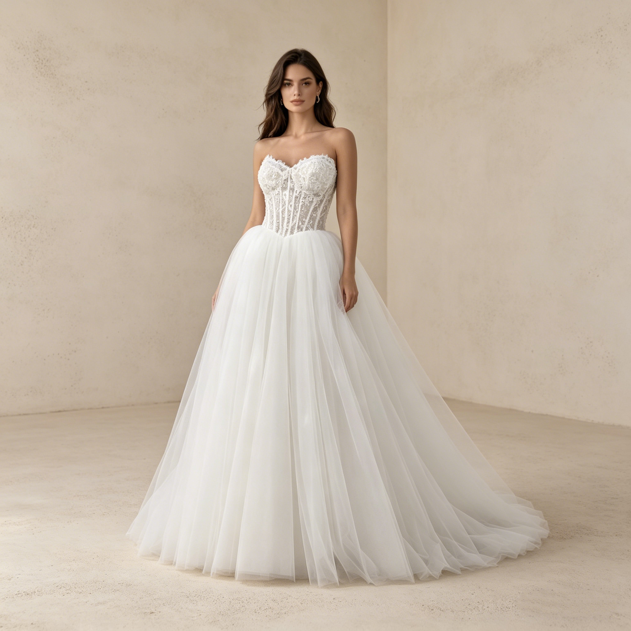 Exklusives trägerloses Abendkleid mit Spitzenkorsage – Voluminöses A-Linien Maxikleid aus Tüll in Elfenbein