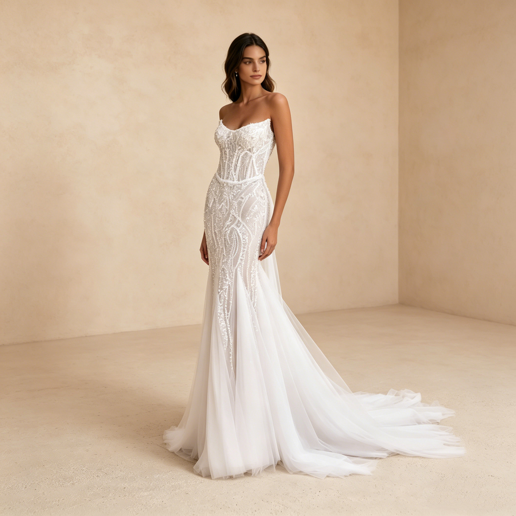 Exquisites Abendkleid in Elfenbein mit Perlenstickerei, Elegante Meerjungfrau-Silhouette, Ärmelloses Maxikleid für Besondere Anlässe