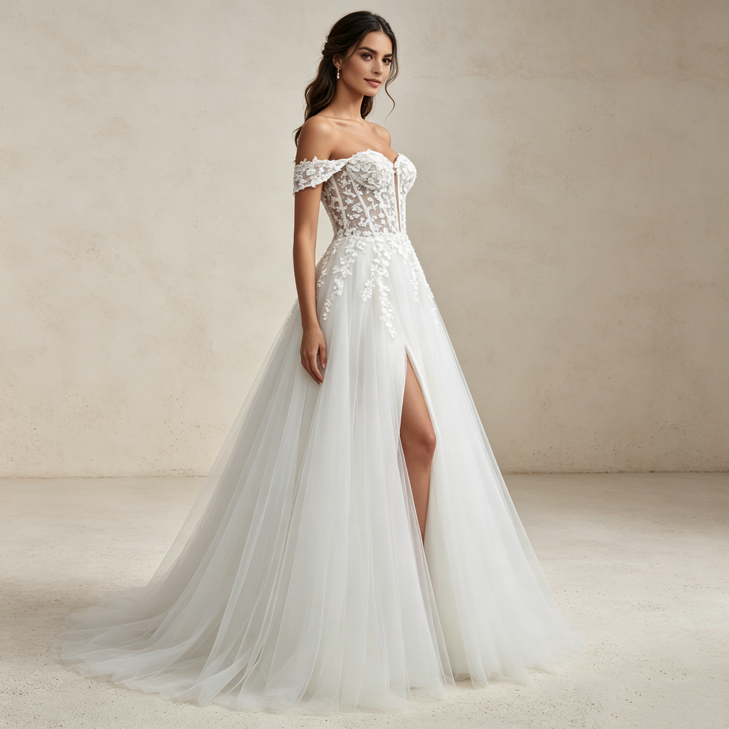 Elegantes Off-Shoulder Abendkleid mit Corsagen-Oberteil und Beinschlitz | Maßanfertigung