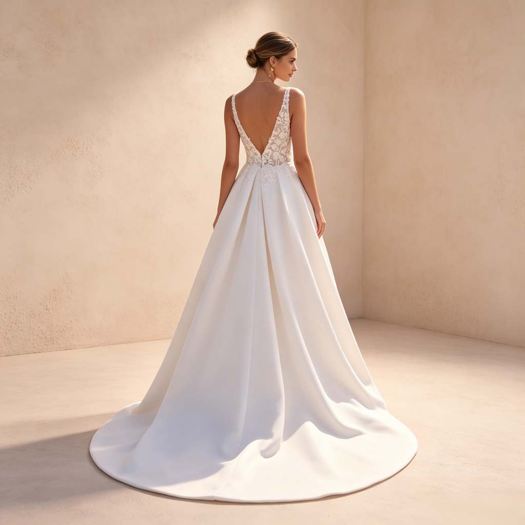 Bodenlanges Abendkleid in Elfenbein mit Spitzenoberteil, V-Ausschnitt, hohem Beinschlitz und A-Linie