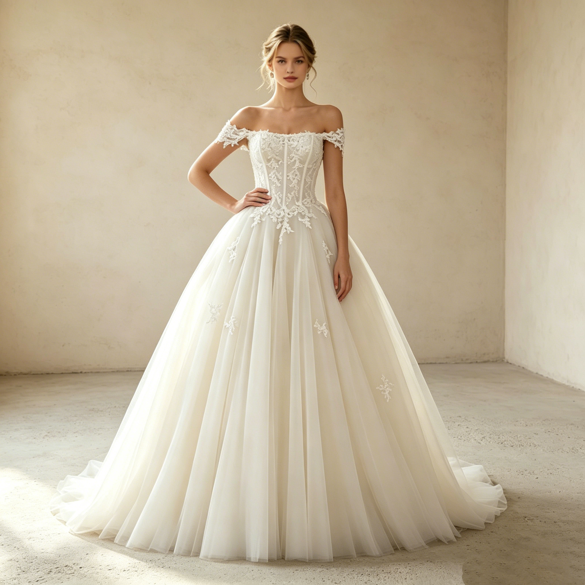 A-Linie Abendkleid Schulterfrei mit Applikationen Elegantes Prinzessin Ballkleid Tüll Maxikleid - Elfenbein