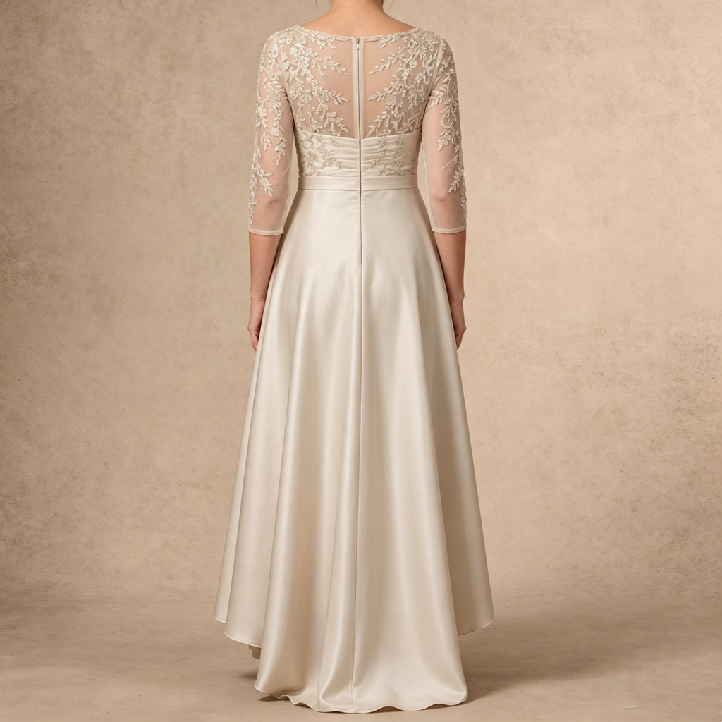 Eleganter 3/4-Arm Spitzenbesetzter Satin Abendkleid mit asymmetrischem Saum für formelle Anlässe