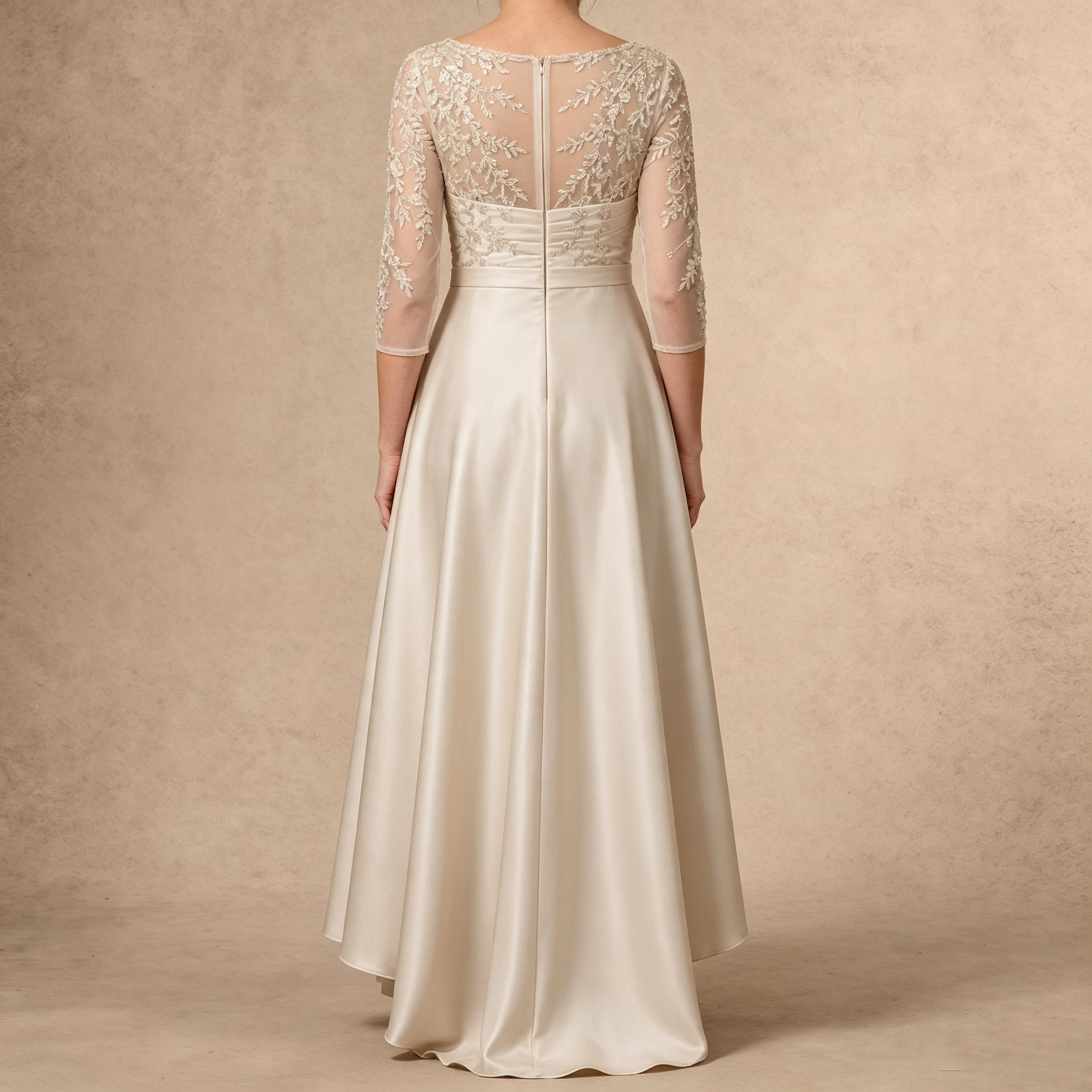Eleganter 3/4-Arm Spitzenbesetzter Satin Abendkleid mit asymmetrischem Saum für formelle Anlässe