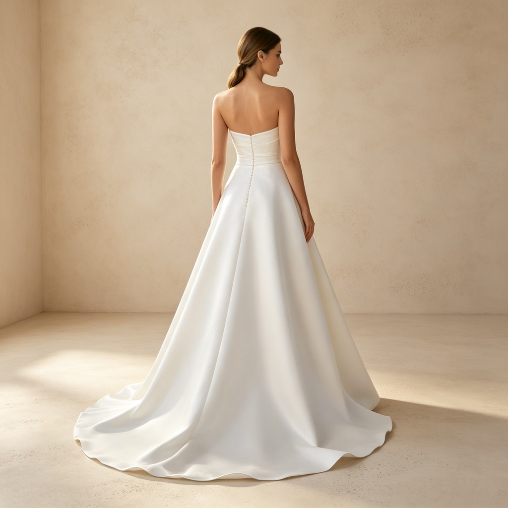 Elegantes trägerloses Satin-Kleid im A-Linien-Schnitt mit hohem Beinschlitz