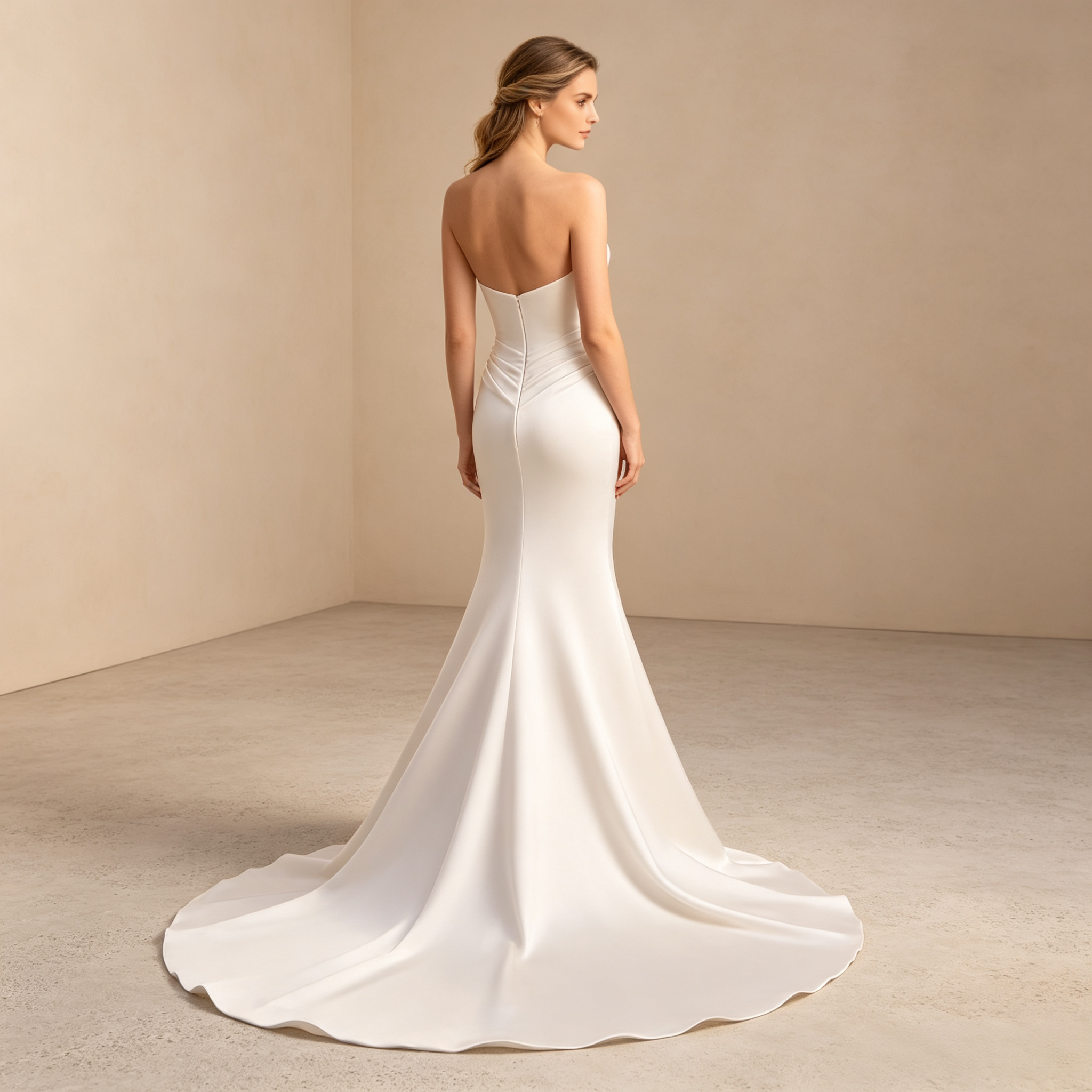 Trägerloses bodenlanges Abendkleid aus Satin in Elfenbein mit drapierter Taille und Meerjungfrau-Silhouette