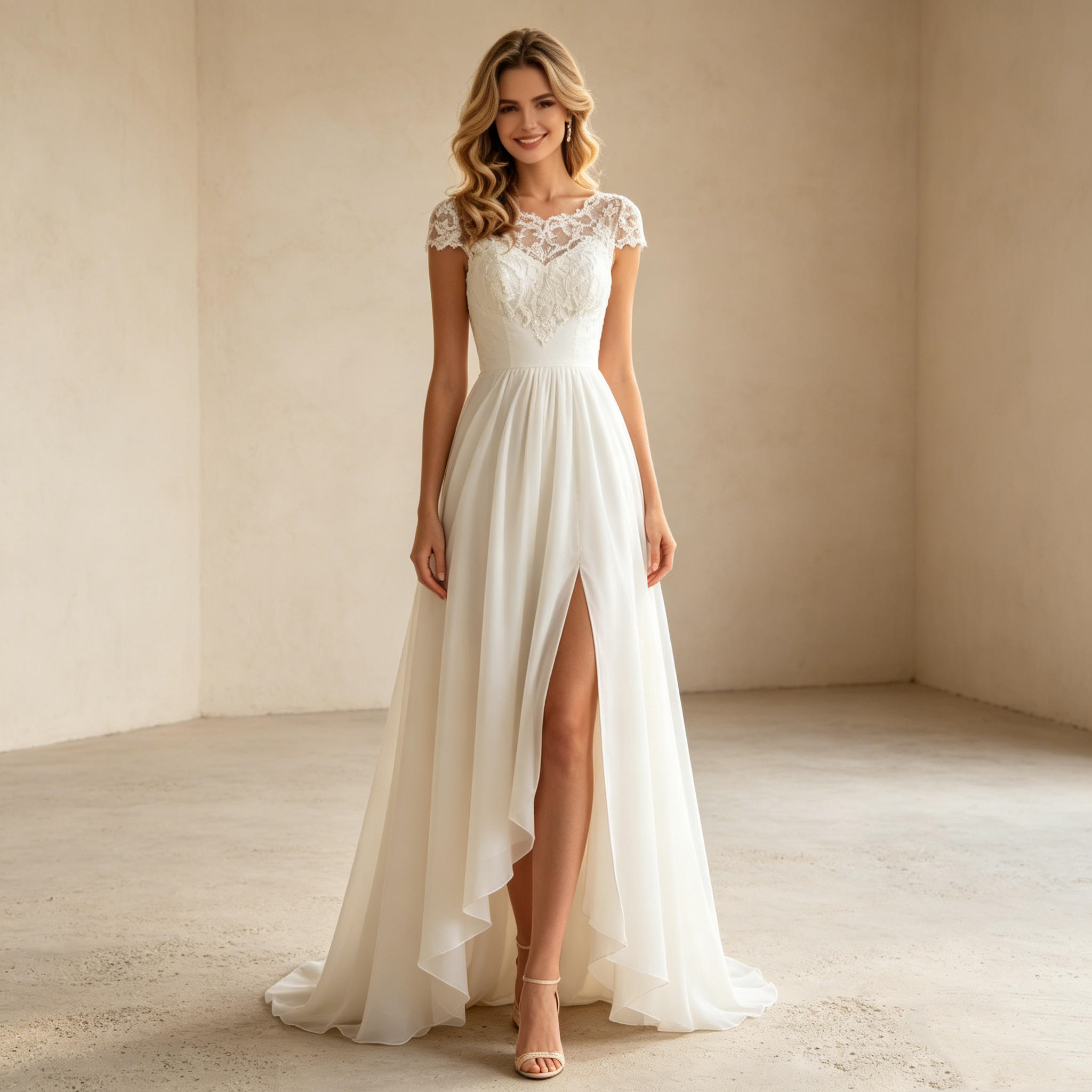 Moderner High-Low-Chic: Elegantes Midikleid in Elfenbein mit feiner Spitze und schwingendem Chiffon-Rock