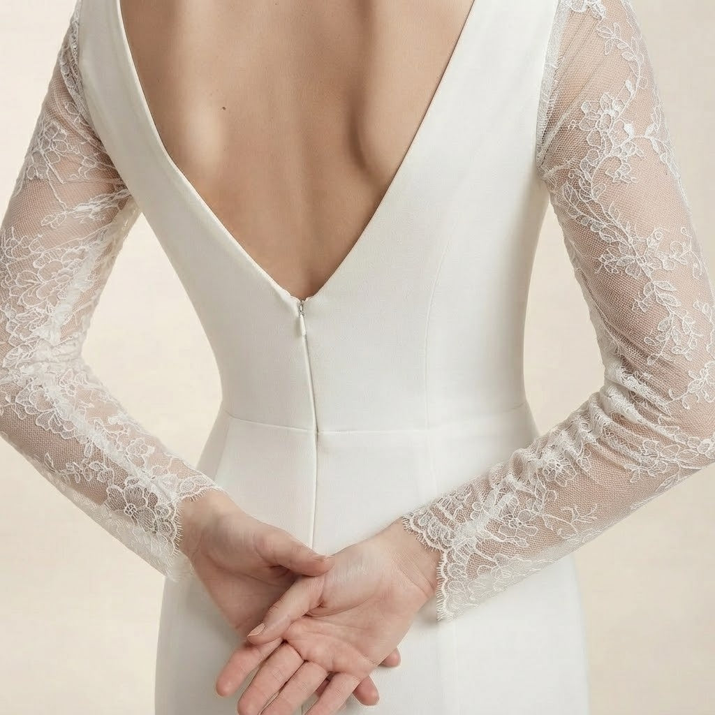 Festliches Maxikleid mit langärmeligen Spitzenärmeln, V‑Ausschnitt und mermaid‑förmigem Schnitt