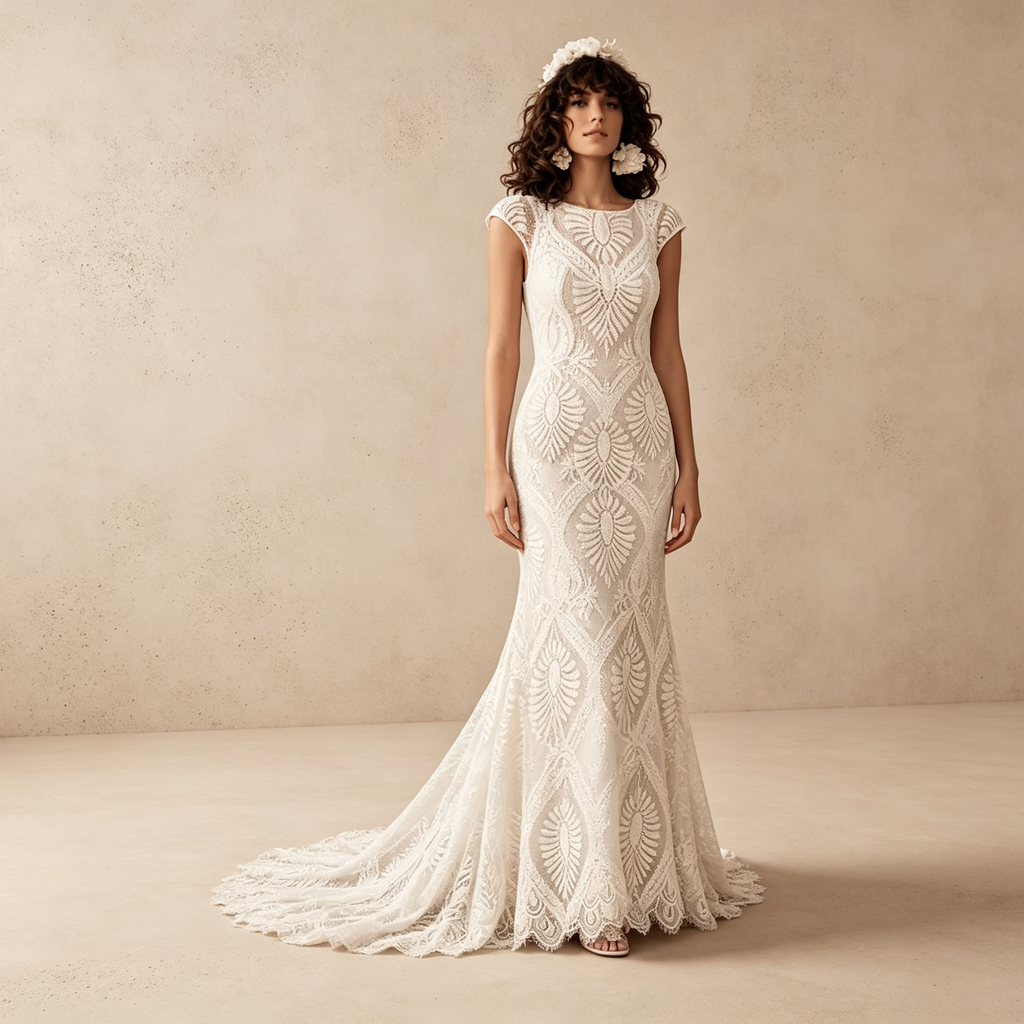 Elegantes Gala-Kleid Figurbetont mit Geometrischer Spitze und Capsleeves