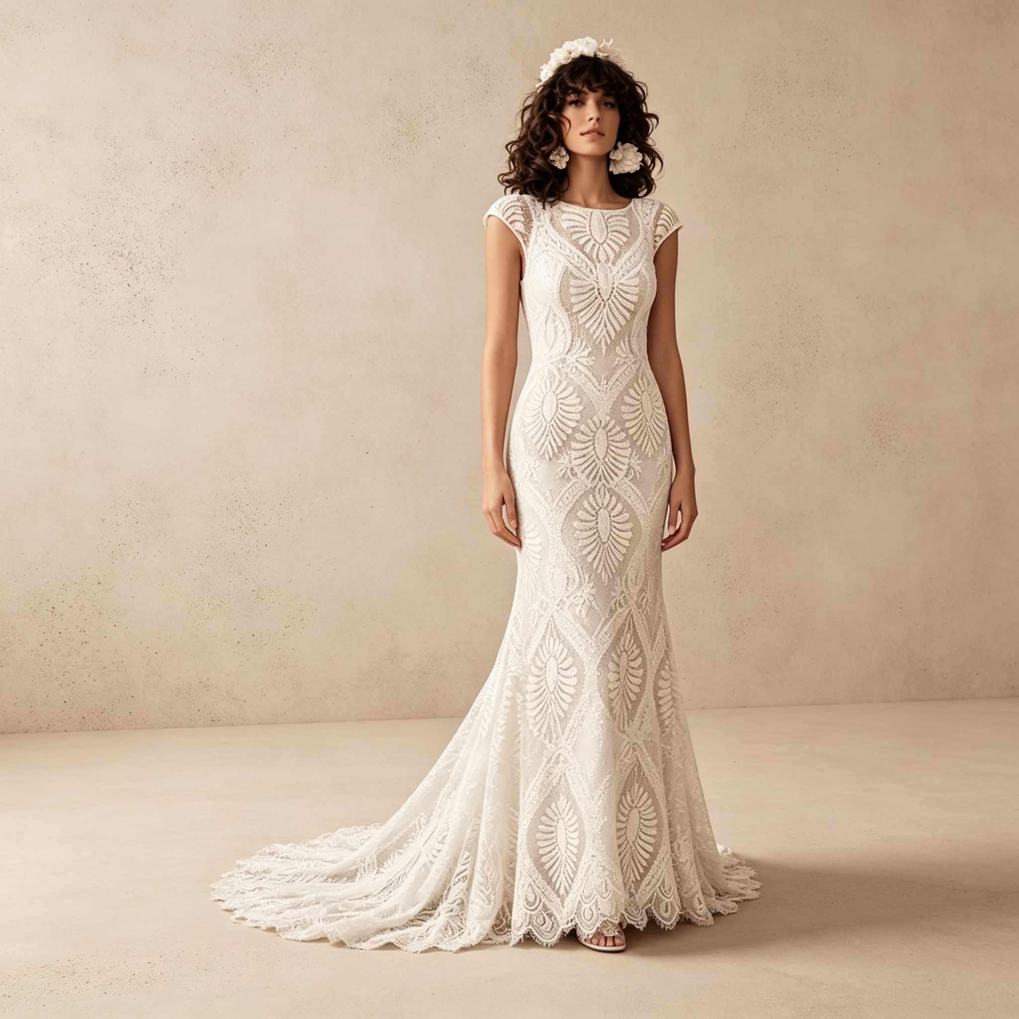 Elegantes Gala-Kleid Figurbetont mit Geometrischer Spitze und Capsleeves