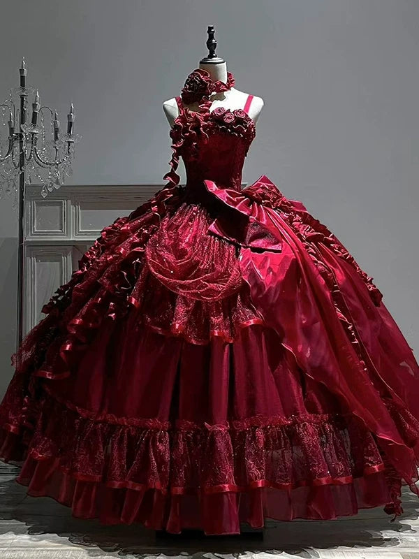 Hime Lolita Ballkleid Rotwein Lang Ärmellos OP Hochzeit für Teeparty 34-44