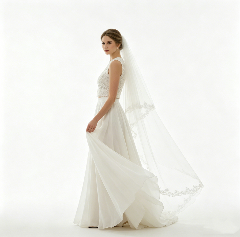 Zweiteiliges weißes Abendkleid mit besticktem Top und fließendem Maxirock, elegantes Set für festliche Anlässe