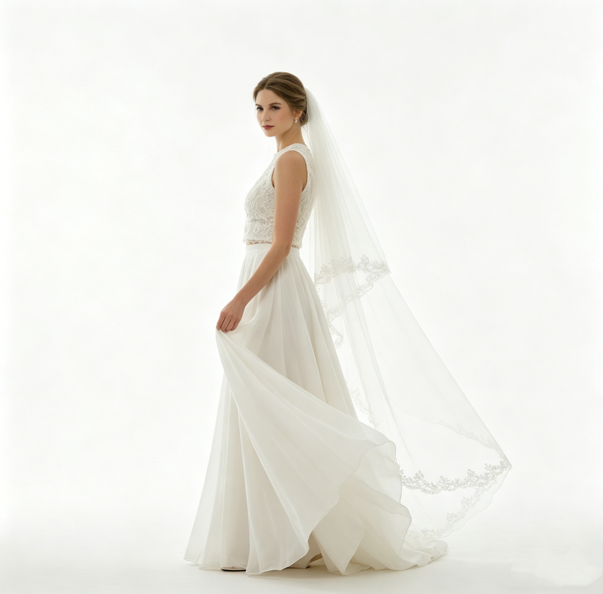 Zweiteiliges weißes Abendkleid mit besticktem Top und fließendem Maxirock, elegantes Set für festliche Anlässe