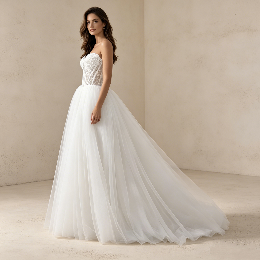 Exklusives trägerloses Abendkleid mit Spitzenkorsage – Voluminöses A-Linien Maxikleid aus Tüll in Elfenbein