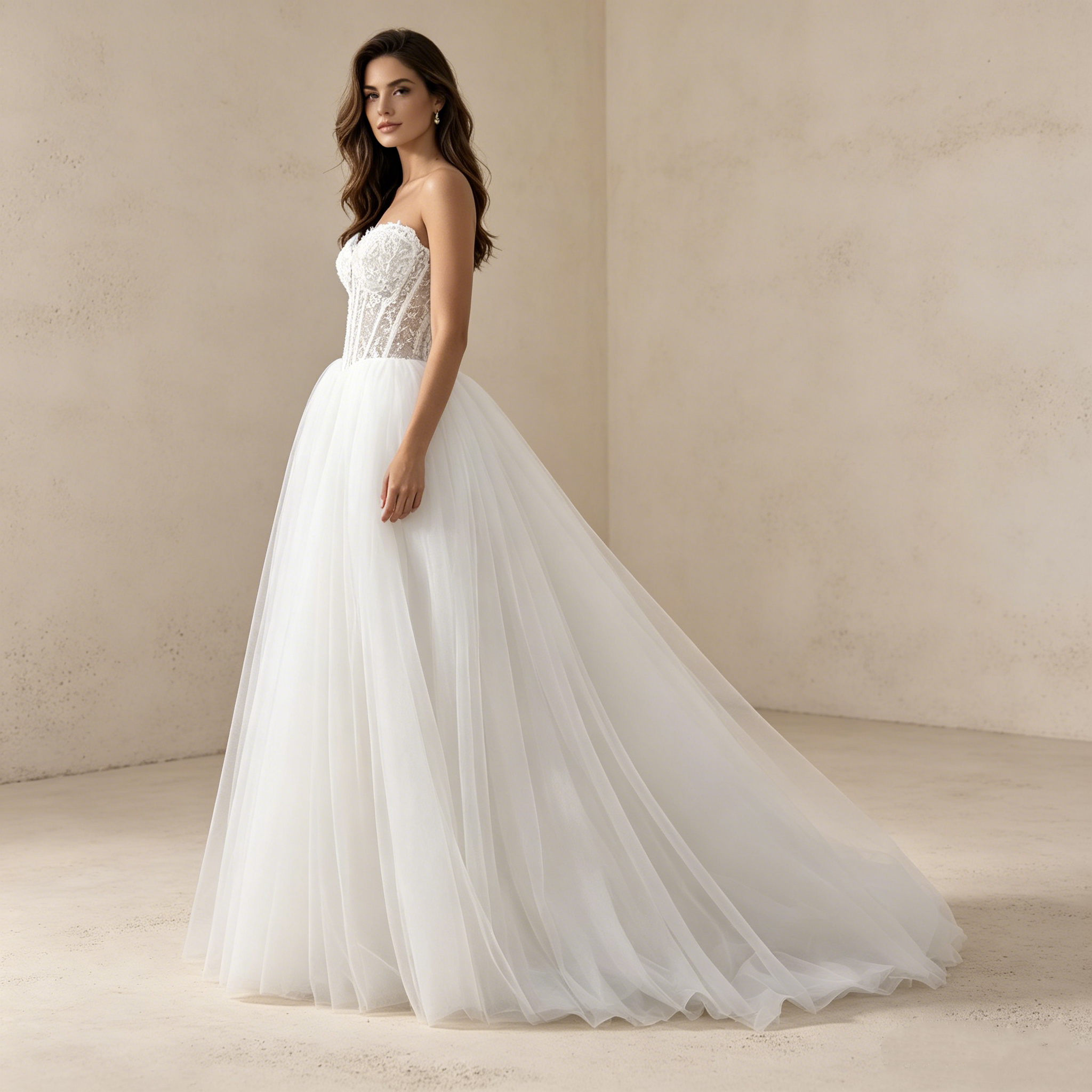 Exklusives trägerloses Abendkleid mit Spitzenkorsage – Voluminöses A-Linien Maxikleid aus Tüll in Elfenbein