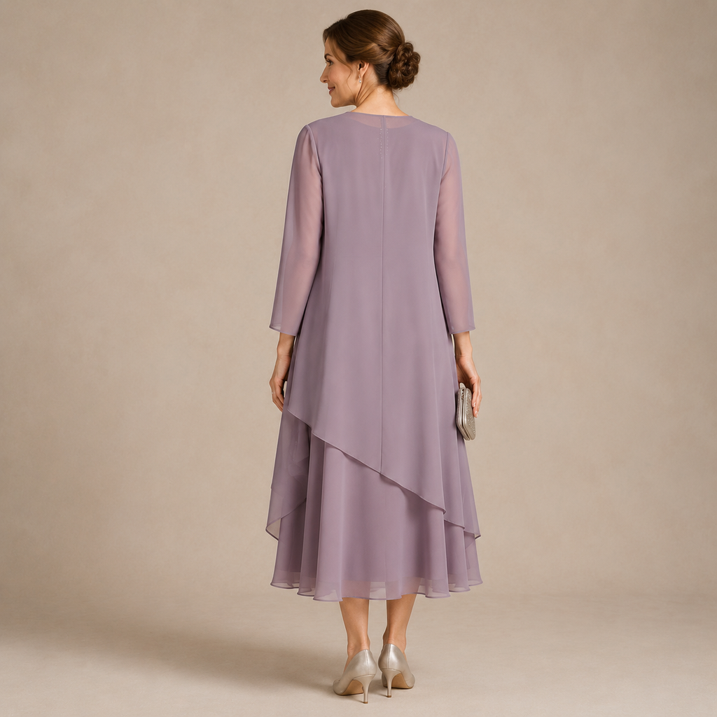 Elegantes Damen Midi‑Kleid‑Set mit Überjacke, Spitzenbesatz und Perlendekor, festliches Outfit für besondere Anlässe