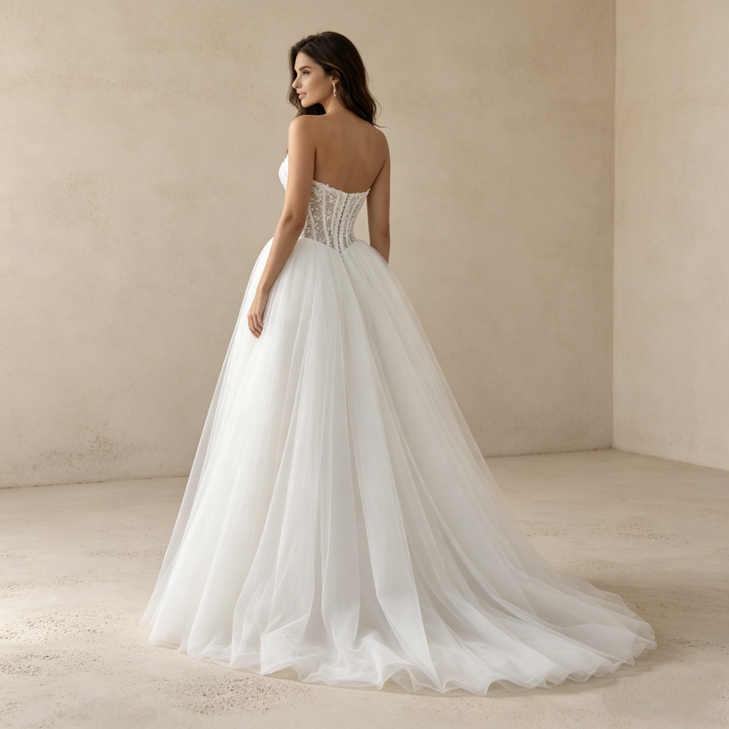 Exklusives trägerloses Abendkleid mit Spitzenkorsage – Voluminöses A-Linien Maxikleid aus Tüll in Elfenbein