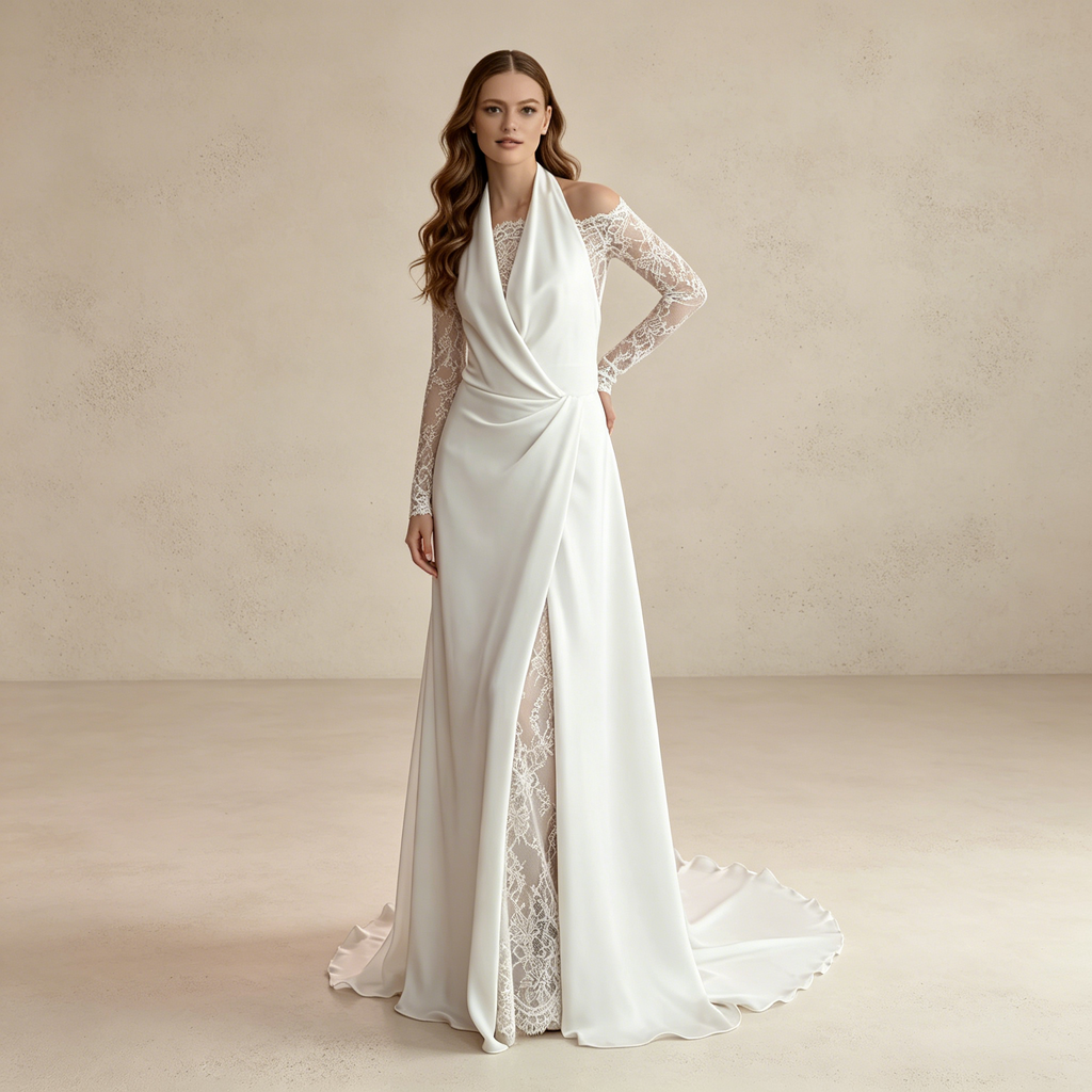 Halterneck Abendkleid mit Spitzenärmeln – Elegantes Maxikleid in Wickel-Optik