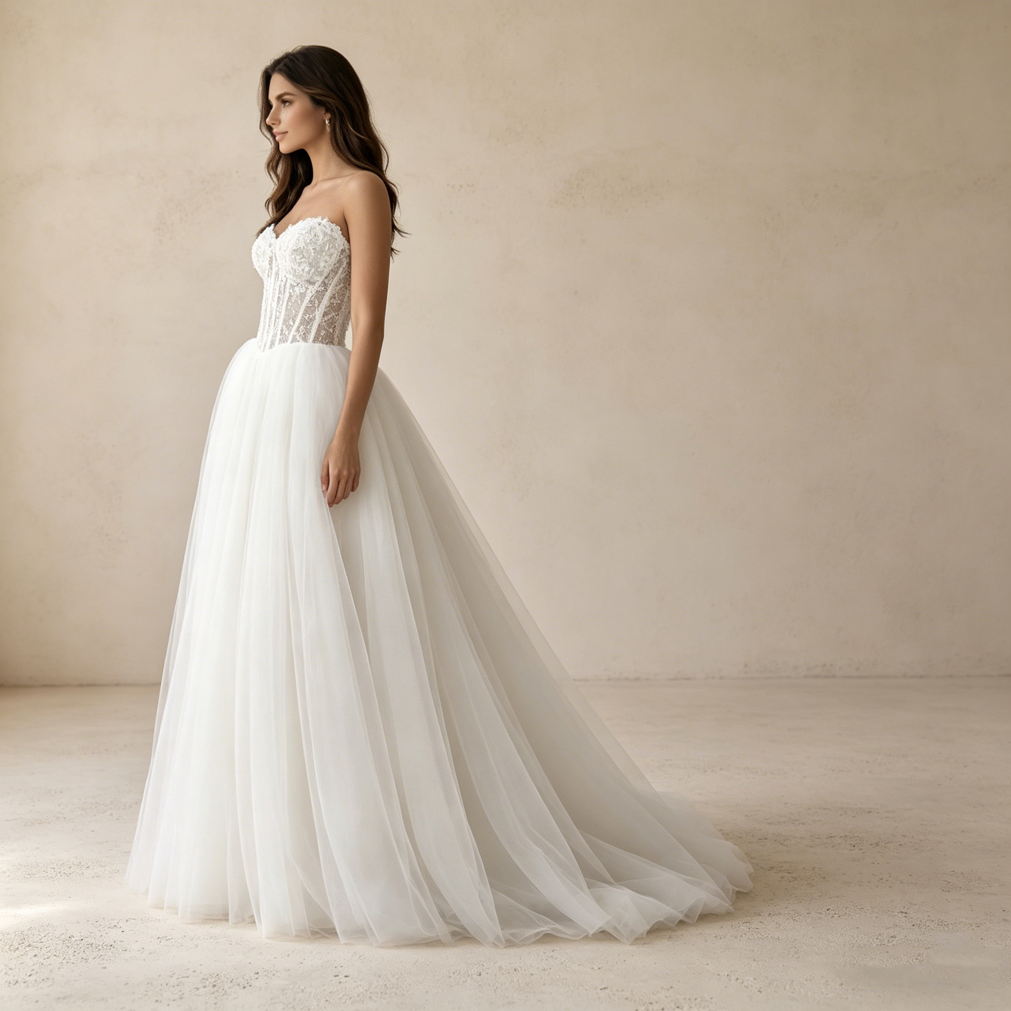 Exklusives trägerloses Abendkleid mit Spitzenkorsage – Voluminöses A-Linien Maxikleid aus Tüll in Elfenbein
