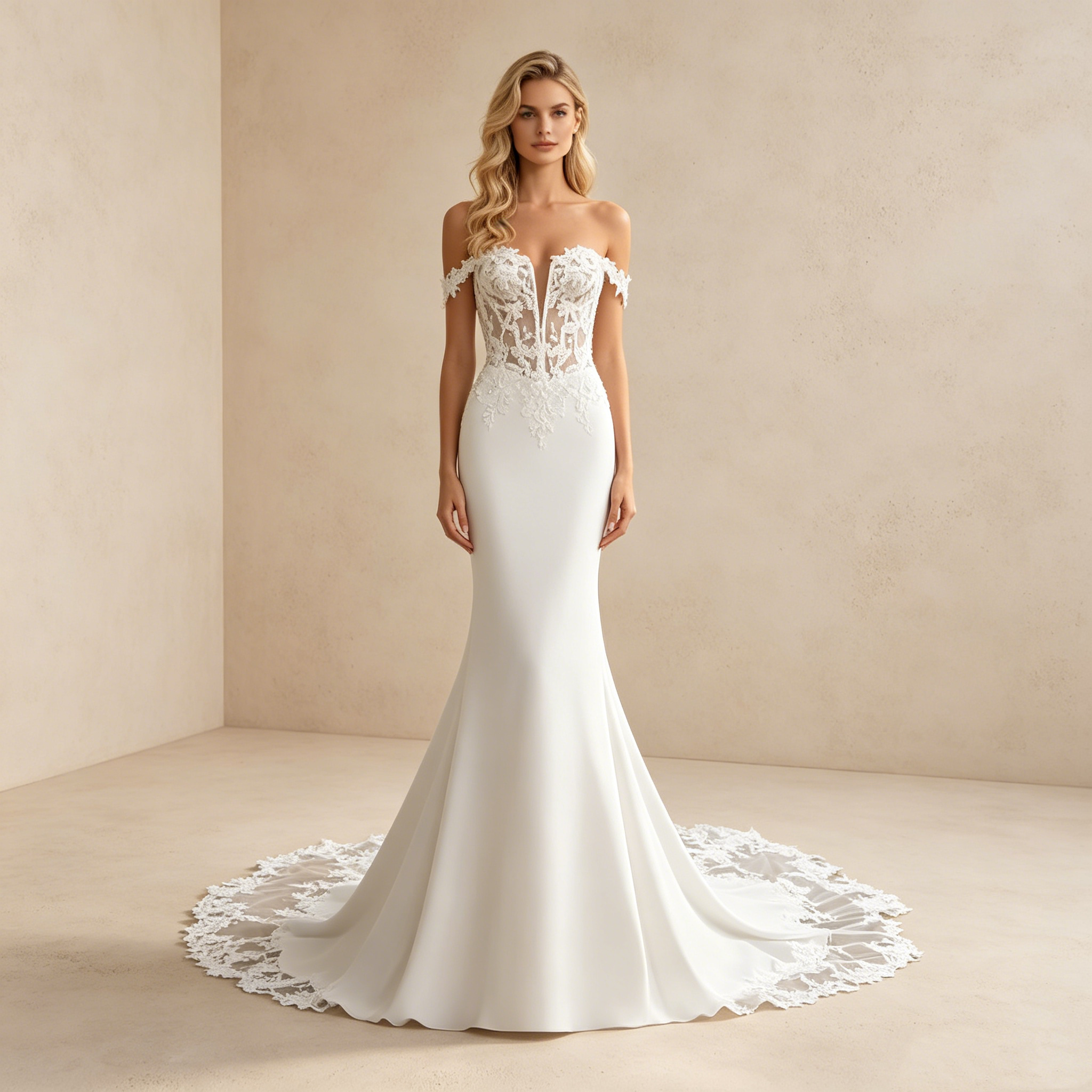 Abendkleid in Weiß mit Off-Shoulder-Spitzenträgern und Meerjungfrau-Schnitt