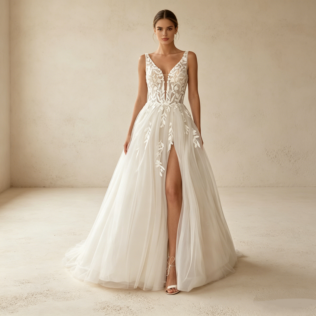 Elegantes A-Linien Abendkleid mit Beinschlitz – Bodenlanges Maxikleid mit floraler Stickerei und tiefem V-Ausschnitt