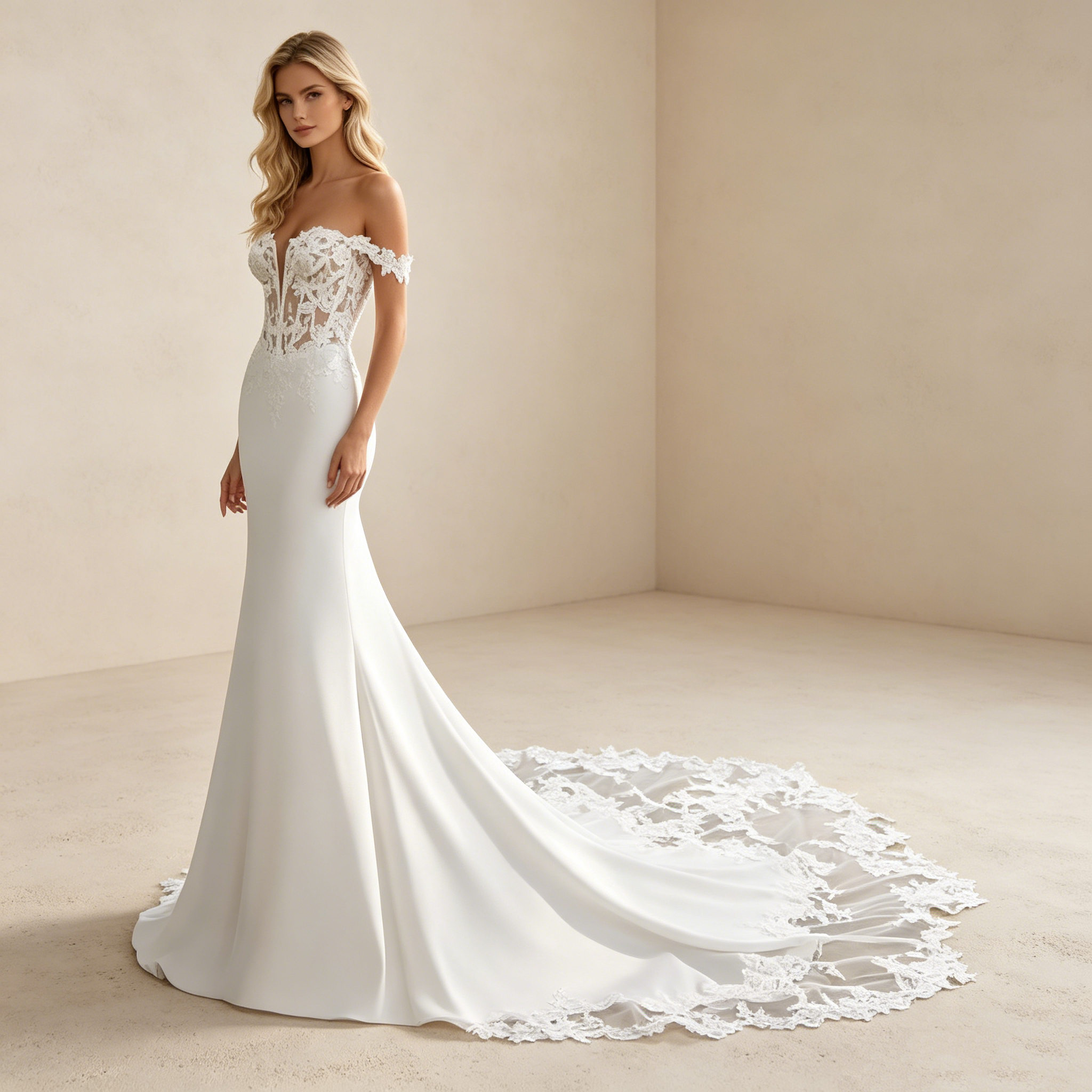 Abendkleid in Weiß mit Off-Shoulder-Spitzenträgern und Meerjungfrau-Schnitt